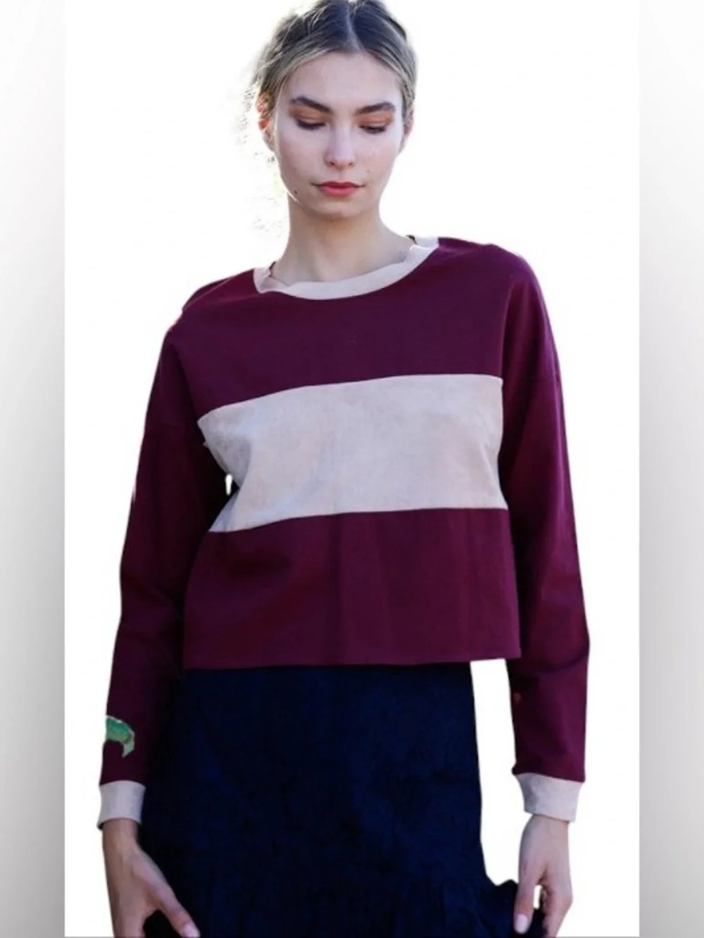 Maroon & Cream Faux Suede Colorblock Crop Pullover Long Sleeve Top: L